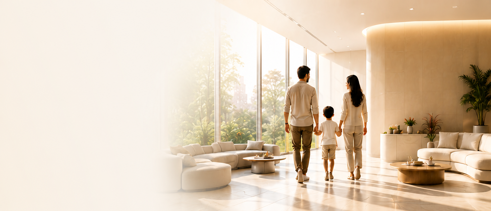 Family walking together in a premium Aira wellness lounge
