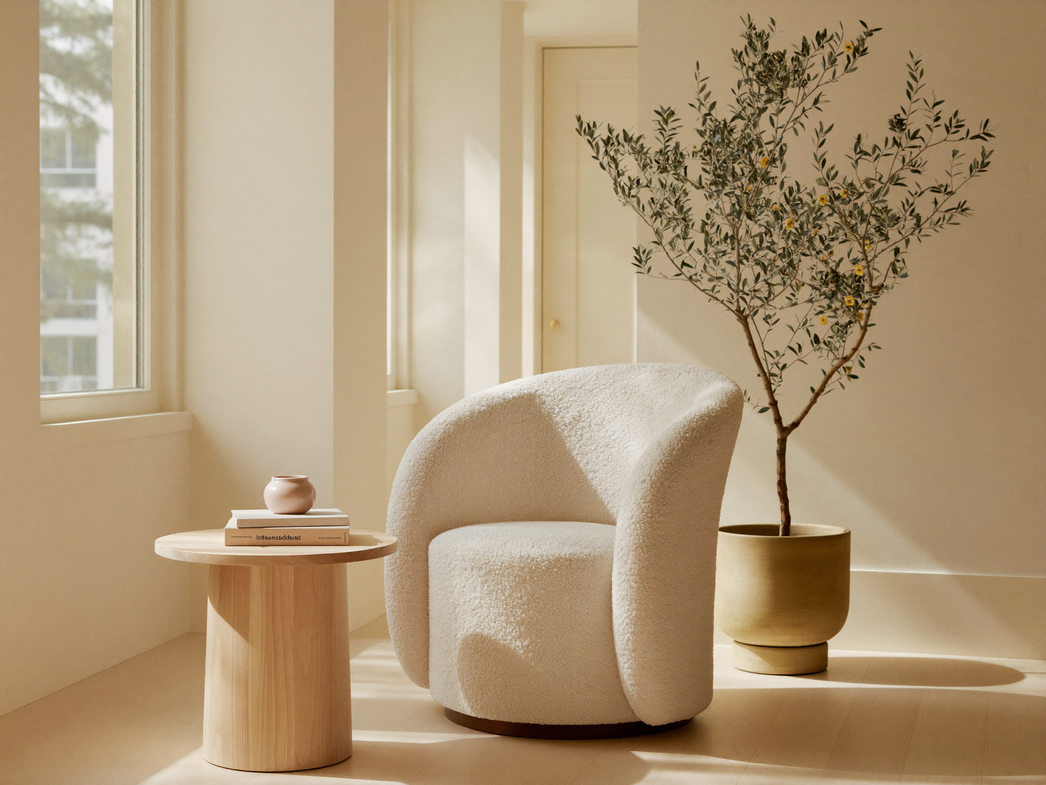 A calm, sunlit premium wellness lounge corner