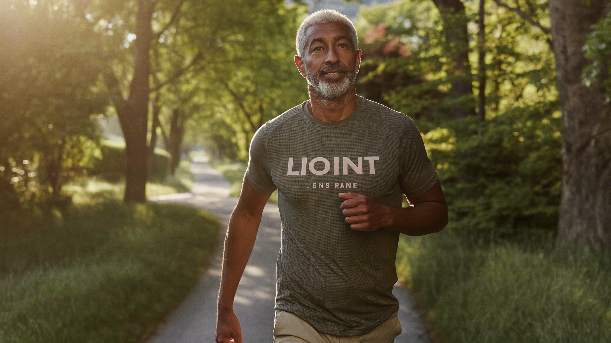 A man walking briskly on a tree-lined path at sunrise