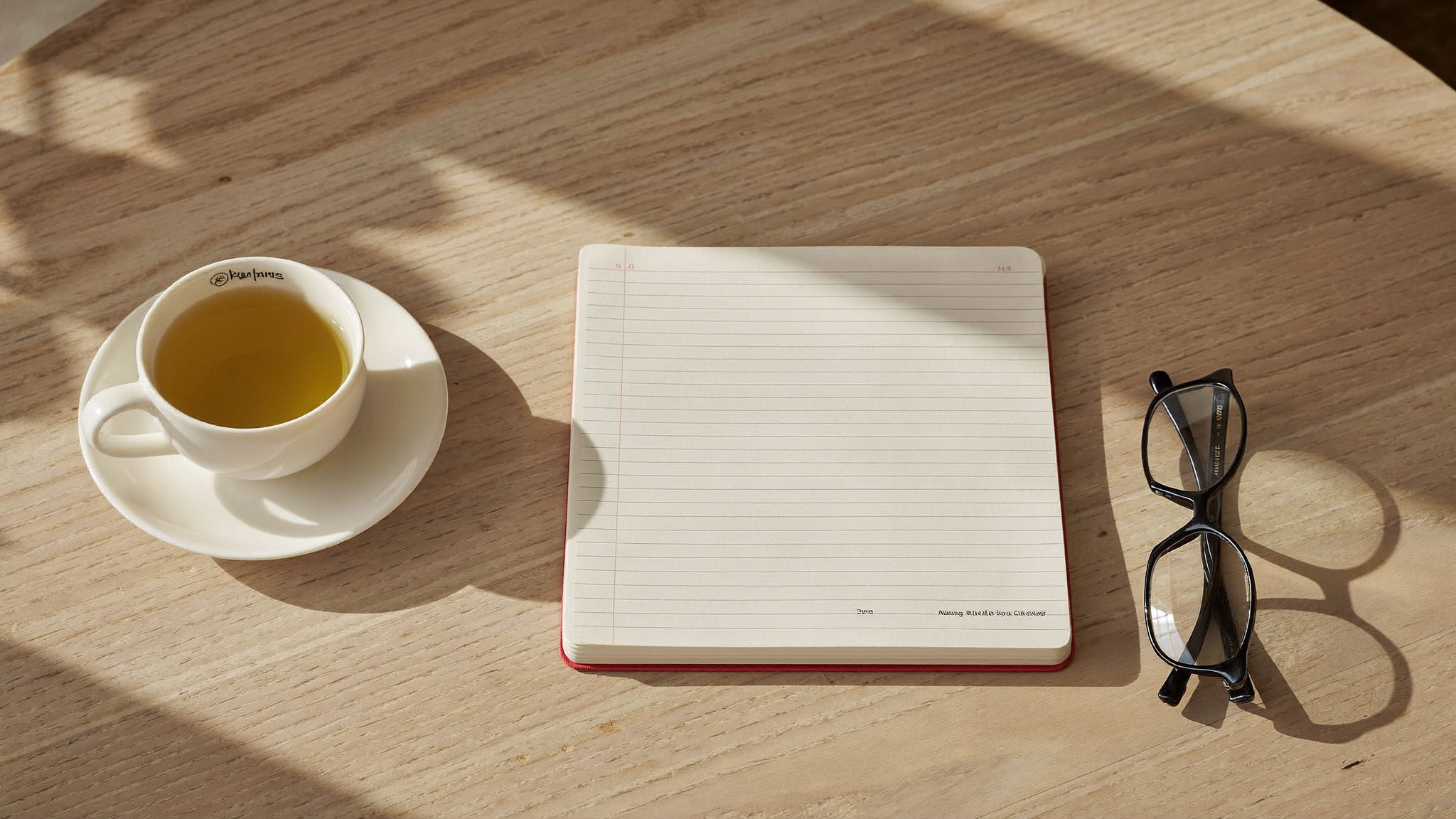 Tea, a notebook and reading glasses on a sunlit table