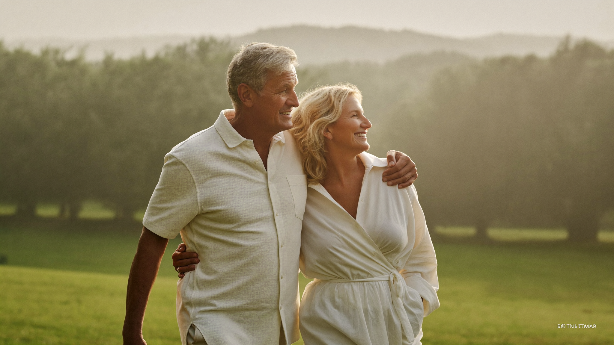 A couple walking together through a sunlit park