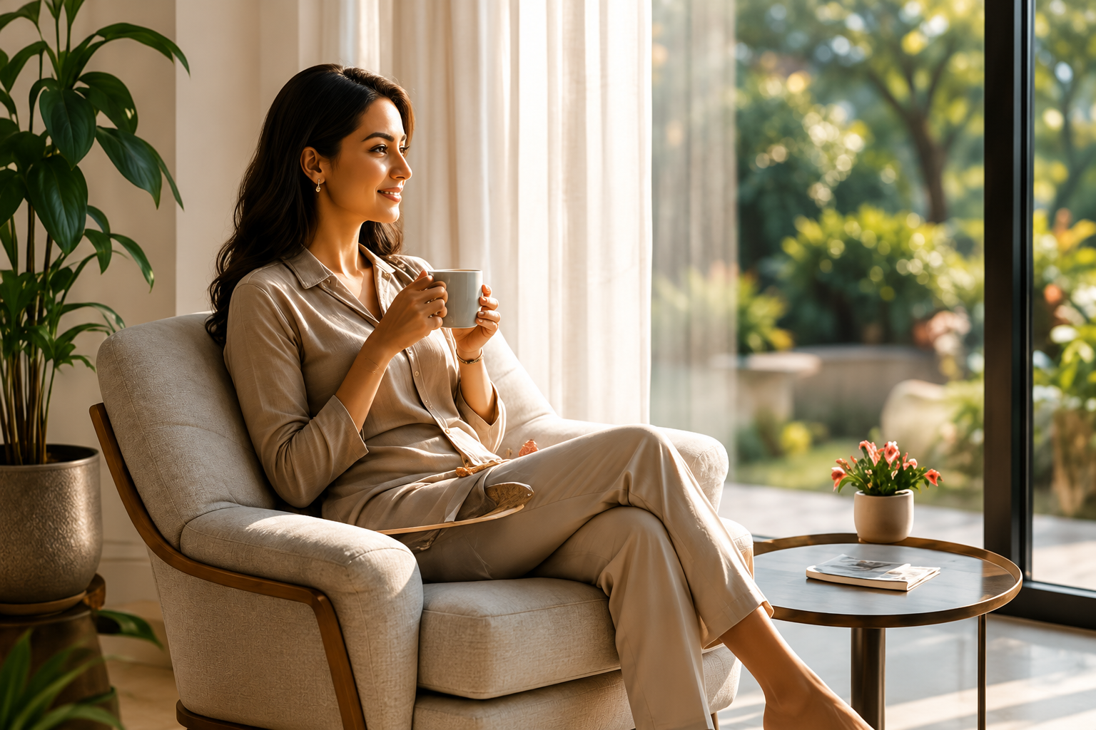 Woman relaxing peacefully at home